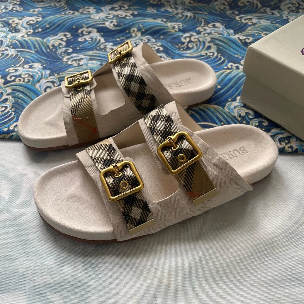 Burberry Beige Check Triple-Buckle Slide Sandals